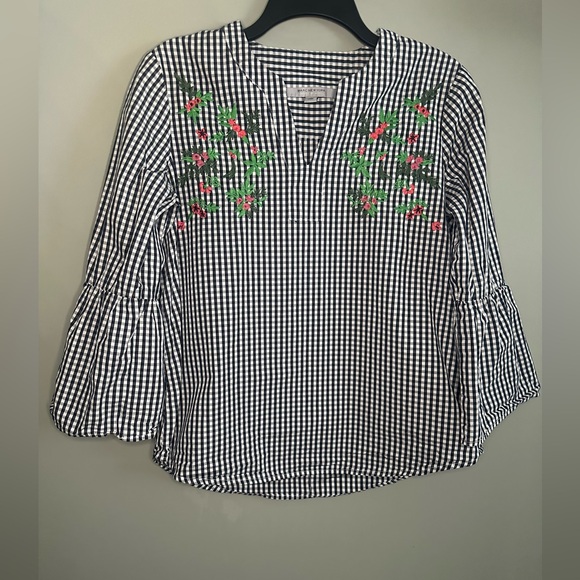 Marc NY Black and White Gingham Shirt Embroidered floral print Bell Sleeves  SzS - Picture 1 of 7